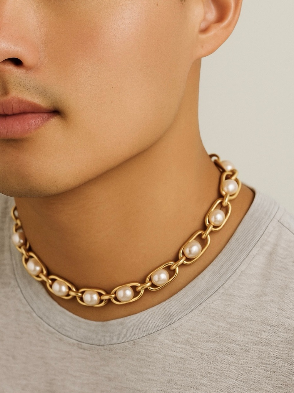 Vintage Gold Link Necklace with Pearl Accents